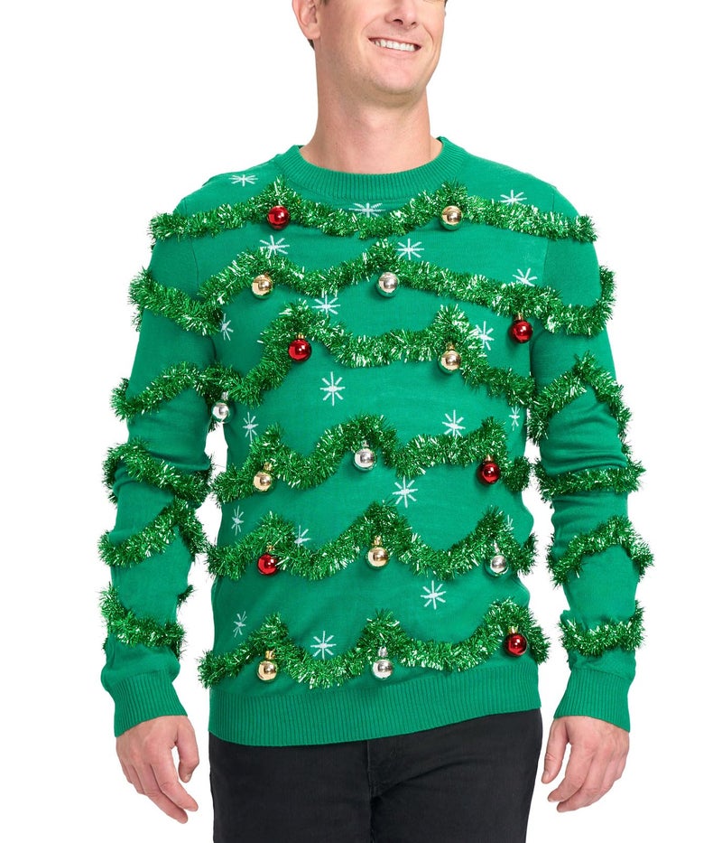 Tipsy Elves Men's Ugly Christmas Sweaters - Funny and Tacky Embellished Christmas Sweaters for Men - Green Gaudy Garland Christmas Sweater with Tinsel and Ornaments Size X-Large - Image 1